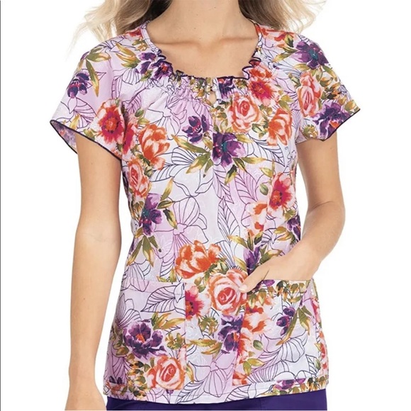 NWT Koi Women’s XS Kinsley Rosey Embroidery Purple Floral Round Neck Scrub Top - Picture 1 of 4